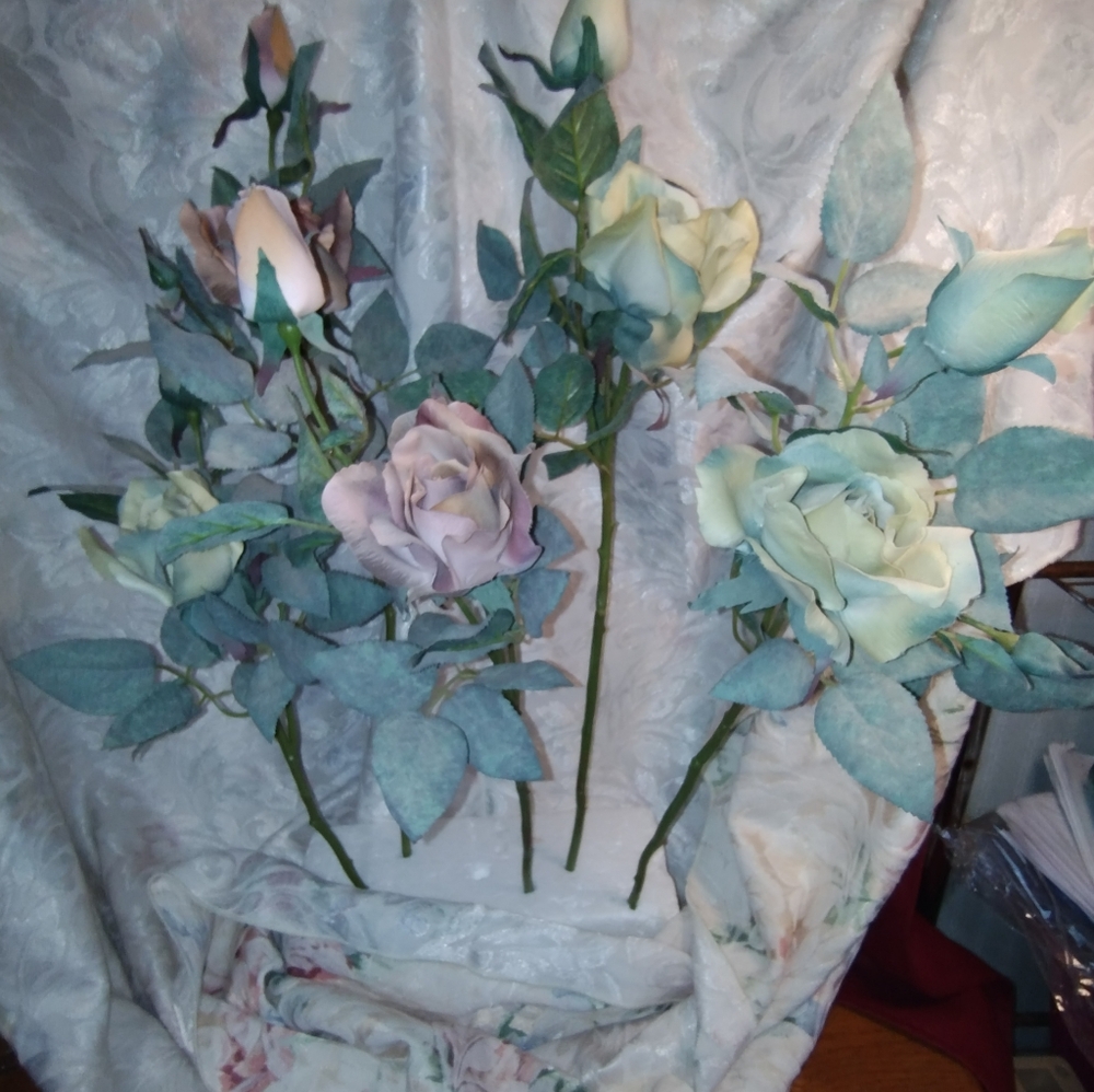 Elegant Faux Floral Arrangement in Soft Pastels... Dusty Rose And Dusty Blue